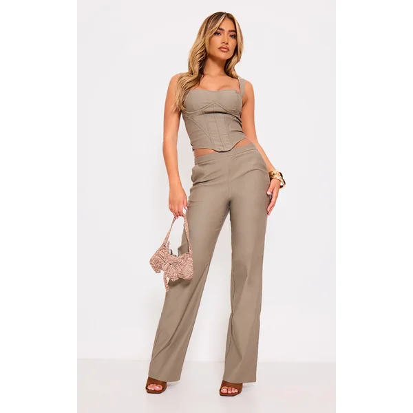 Khaki Woven Low Rise Straight Leg Pants