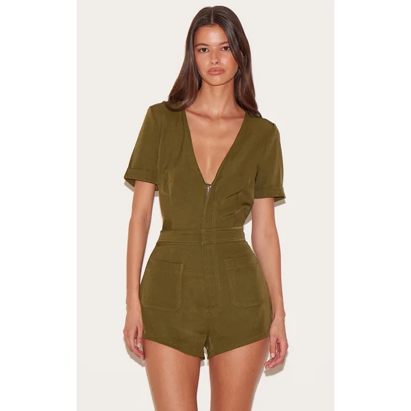 Khaki Woven Plunge Utility Short Sleeve Romper