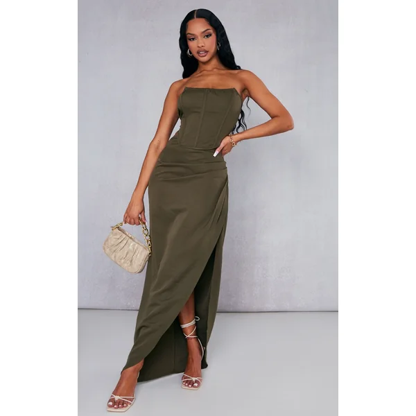 Khaki Woven Ruched Midaxi Skirt