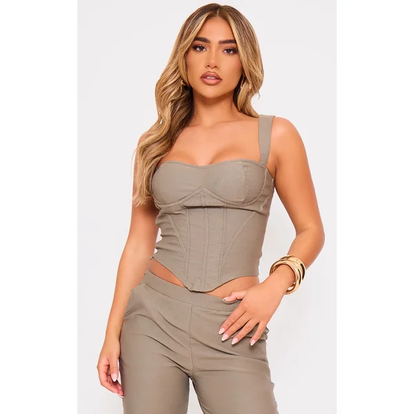 Khaki Woven Seam Detail Dip Hem Corset Top