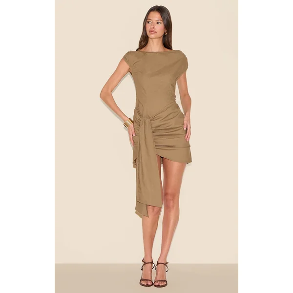 Khaki Wrap Detail Boatneck Bodycon Dress