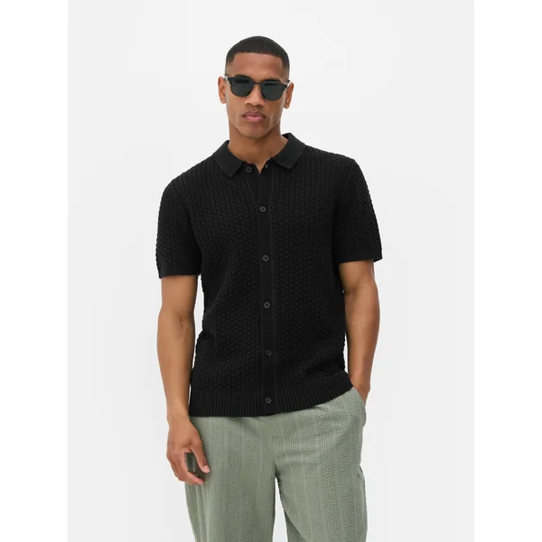 Knit Button-Up Polo Shirt - Black