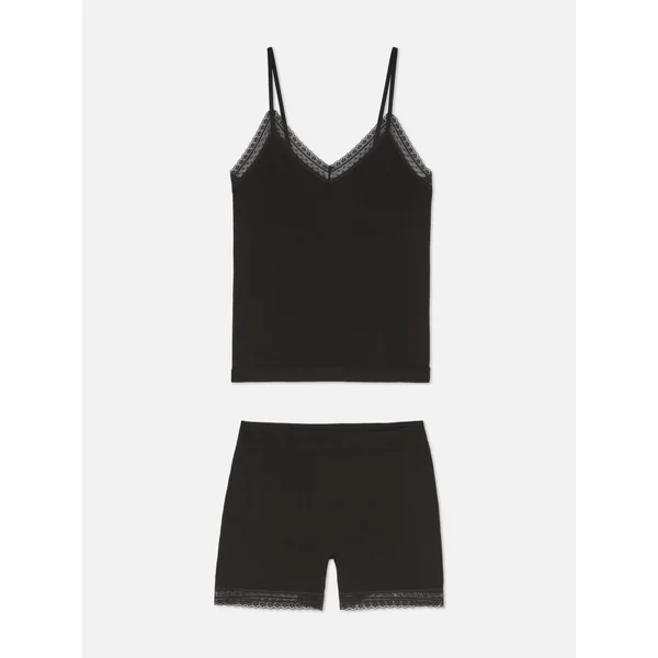 Lace Trim Cami and Shorts Pajamas - Black