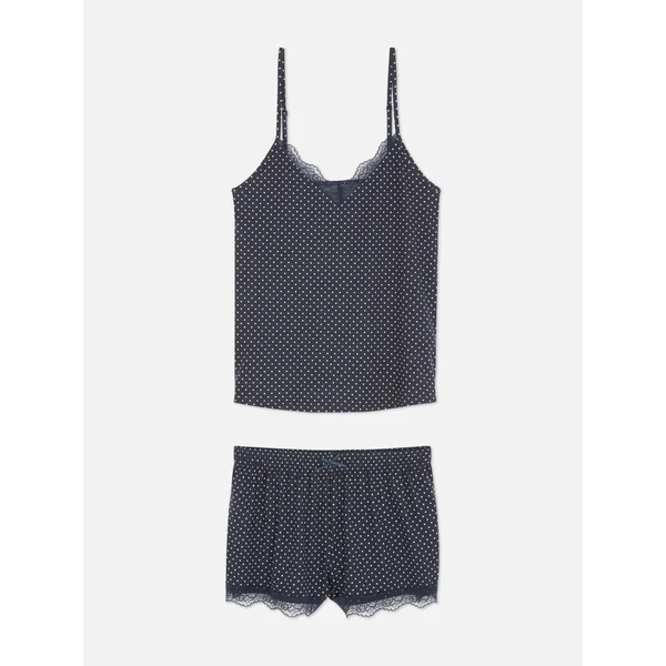 Lace Trim Shorts Pajama Set - Navy