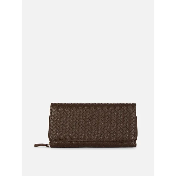 Large Faux Leather Woven Wallet - Chocolate