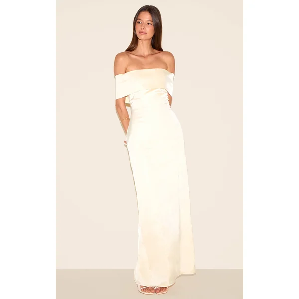 Lemon Bridesmaid Bardot Fold Over Sleeveless Maxi Dress