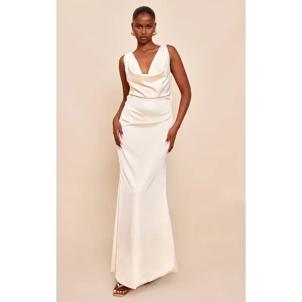 Lemon Bridesmaid Satin Cowl Neck Maxi Dress