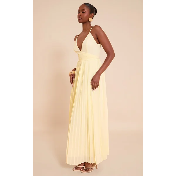 Lemon Chiffon Strappy Pleated Belt Detail Maxi Dress