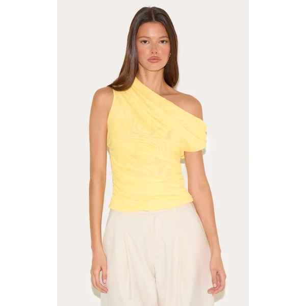 Lemon Double Layer Mesh Ruched Detail Asymmetric Top