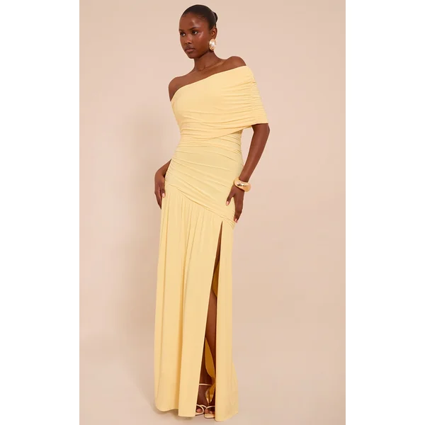 Lemon Double Layer Slinky Bardot One Shoulder Ruched Maxi Dress
