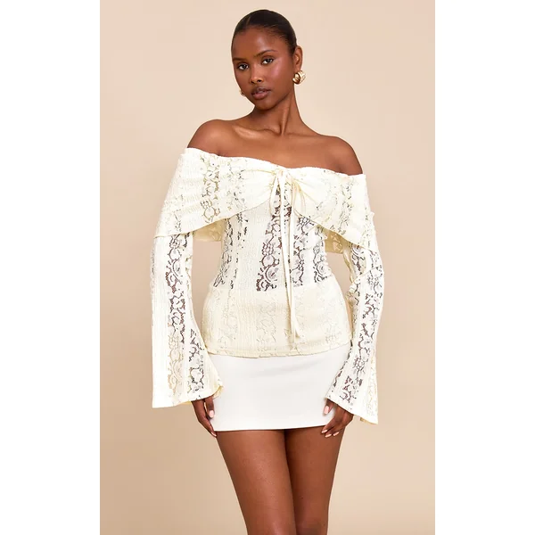 Lemon Fitted Lace Flared Sleeve Bardot Top