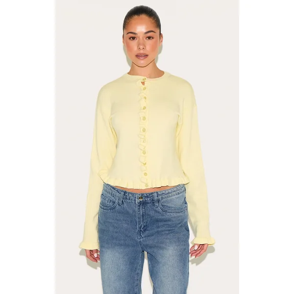 Lemon Knit Ruffle Detail Cardigan