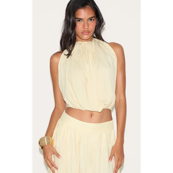 Lemon Linen Blend Highneck Backless Puffball Top