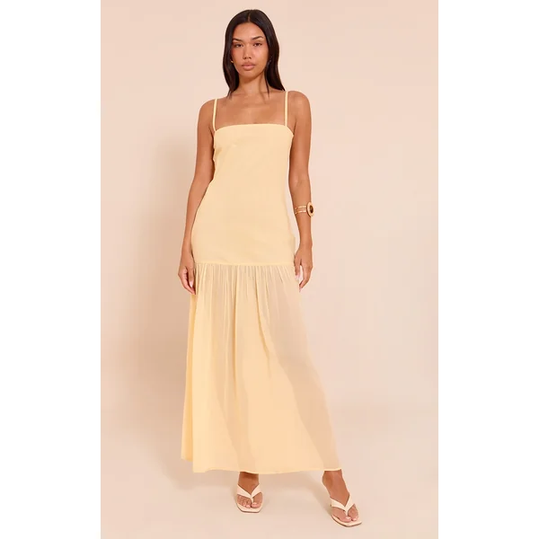 Lemon Linen Look Strappy Dropped Waist Maxi Dress