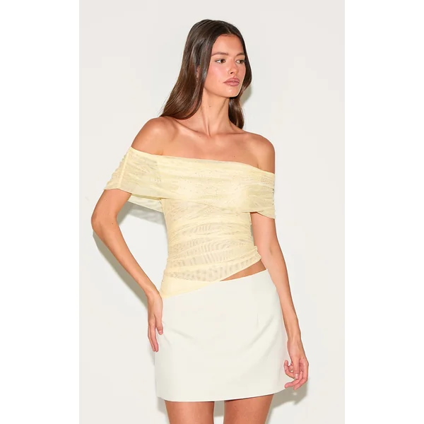 Lemon Mesh Foldover Ruched Bandeau Top