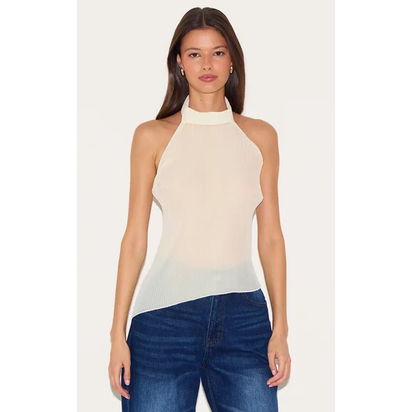 Lemon Plisse Chiffon High Neck Long Top