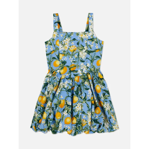 Lemon Print Bubble Hem Dress - Blue