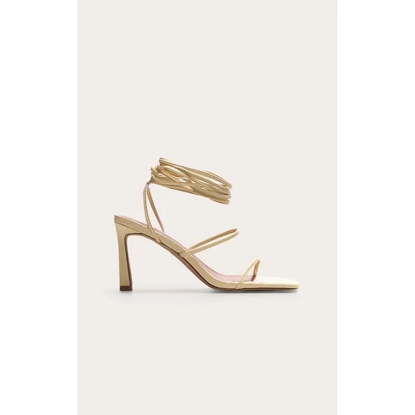 Lemon Pu Square Toe Strappy Lace Up Mid Stiletto Heeled Sandals