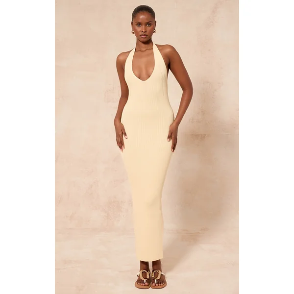 Lemon Ribbed Knit Twist Back Maxi Dress