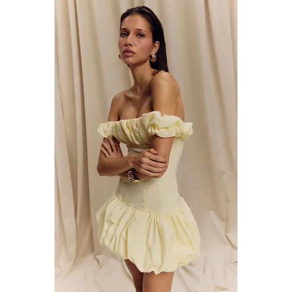 Lemon Ruched Bardot Puff Hem Bodycon Dress