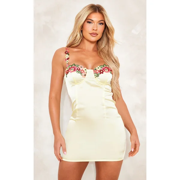 Lemon Satin Flower Trim Detail Strappy Shift Dress
