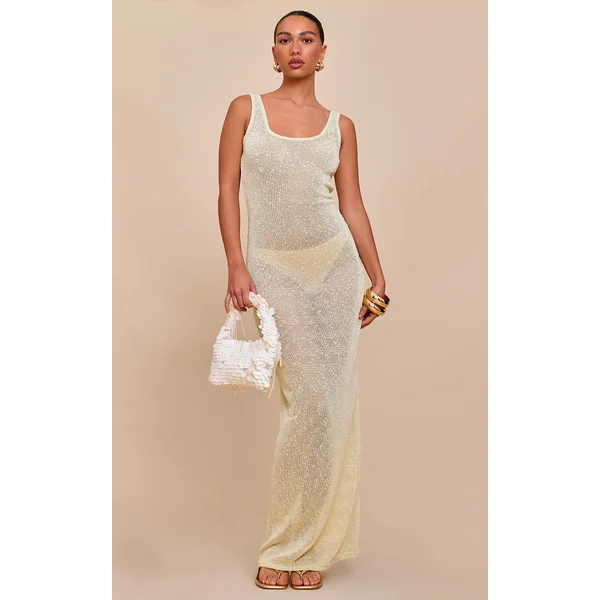 Lemon Sequin Sheer Racer Neck Maxi Dress