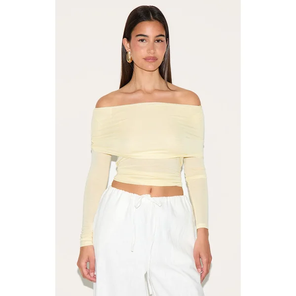 Lemon Sheer Soft Touch Fold Over Detail Bardot Long Sleeve Top