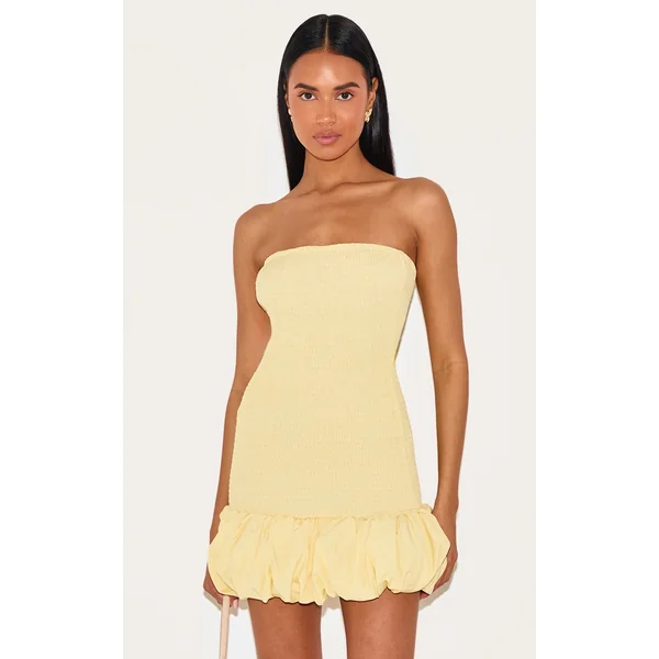Lemon Shirred Bandeau Bodycon Dress