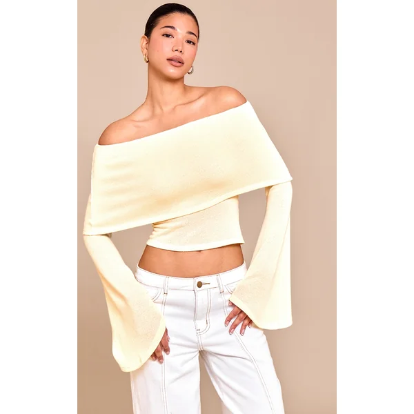 Lemon Textured Fold Over Bardot Extreme Flute Sleeve Long Top