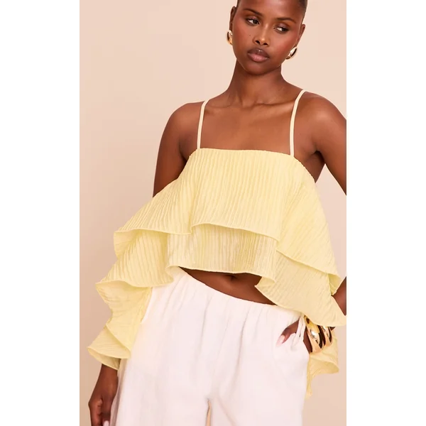 Lemon Textured Woven Floaty Cropped Front Top