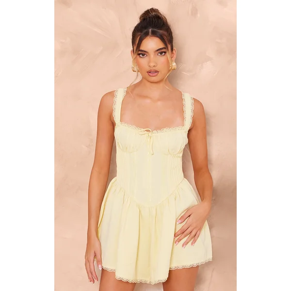 Lemon Woven Corset Lace Trim Romper