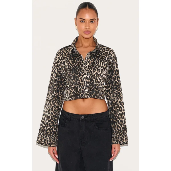 Leopard Print Denim Cropped Jacket