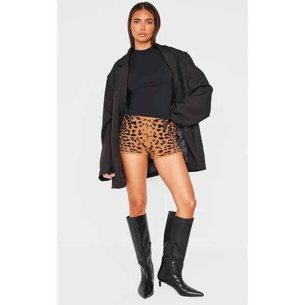 Leopard Print Textured Knit Hot Pants