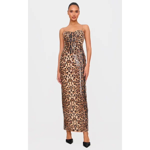 Leopard Sequin Strappy Corset Detail Maxi Dress