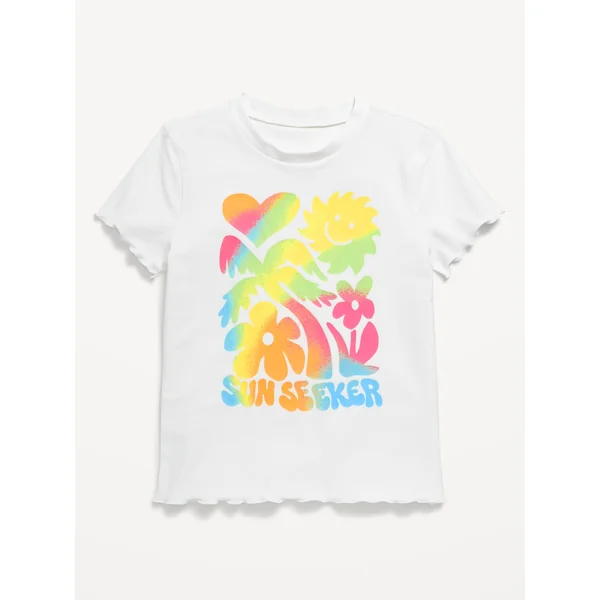 Lettuce-Edge Graphic Rashguard Swim Top for Girls - Calla Lily White