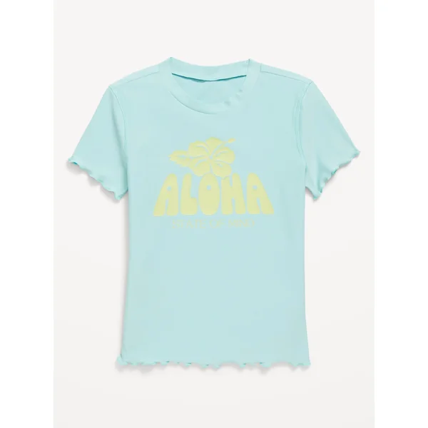 Lettuce-Edge Graphic Rashguard Swim Top for Girls - Ceramic Blue