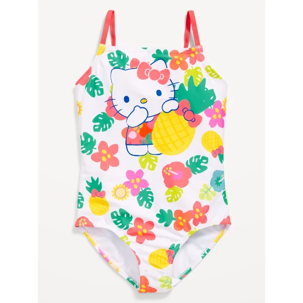 Licensed Graphic Back Cutout One-Piece Swimsuit for Girls - White Lilies