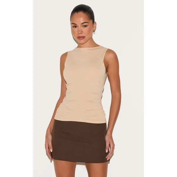 Light Beige Fine Knit High Neck Sleeveless Top