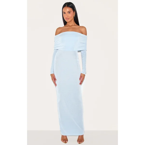 Light Blue Acetate Slinky Bardot Long Sleeve Maxi Dress