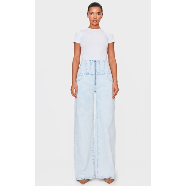 Light Blue Acid Wash Seam Detail Corset Waist Jeans