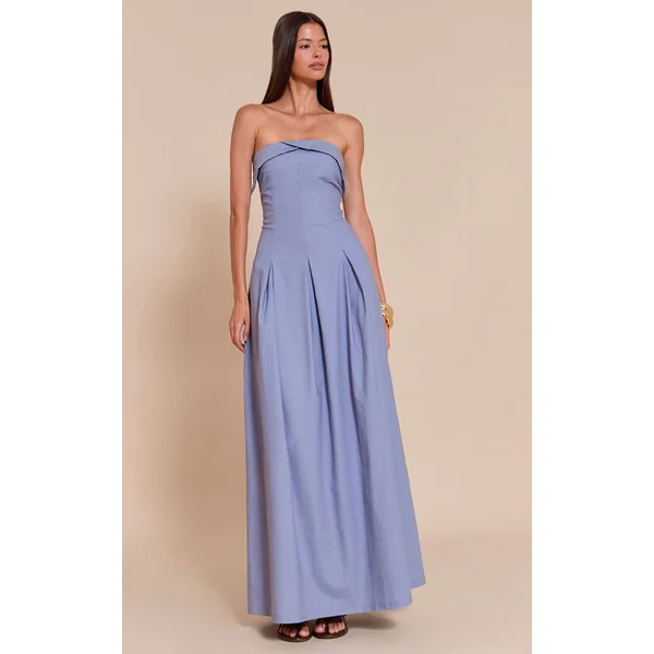 Light Blue Bandeau Pleated Midaxi Dress