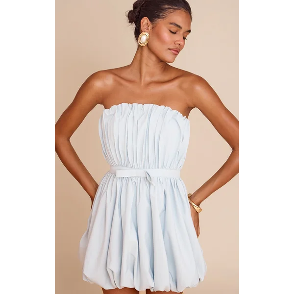 Light Blue Bow Detail Puffball Mini Dress