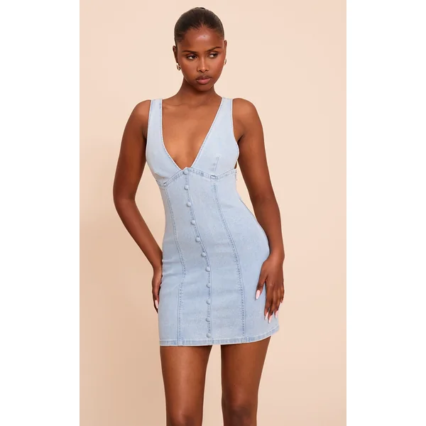 Light Blue Button Detail Denim Mini Dress