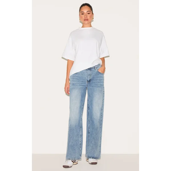 Light Blue Button Detail Wide Leg Jeans