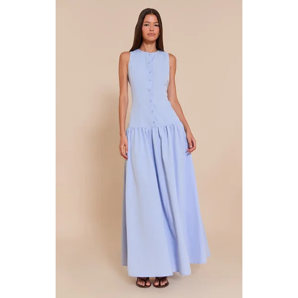 Light Blue Button Down Drop Waist Maxi Dress