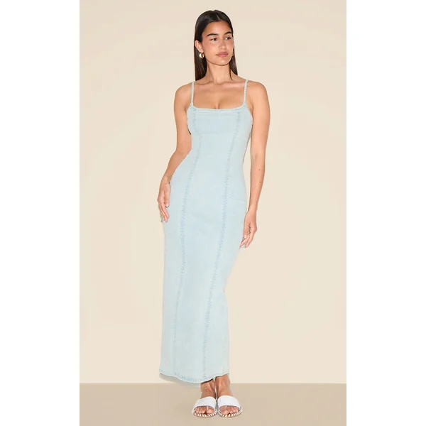 Light Blue Cami Strap Denim Midaxi Dress
