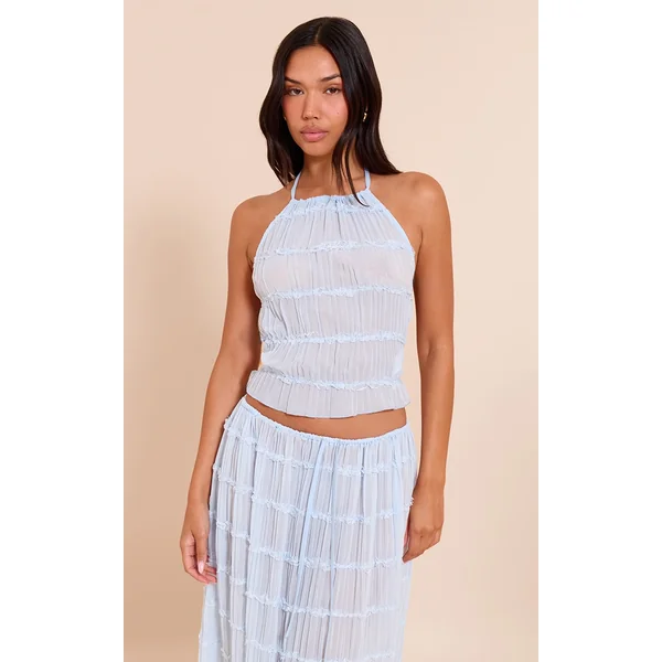 Light Blue Chiffon Ruched Frill Detail Halterneck Top