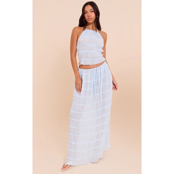 Light Blue Chiffon Ruched Frill Detail Tiered Maxi Skirt