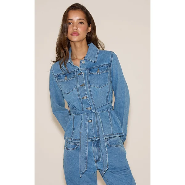 Light Blue Cinched Waist Belted Denim Jacket