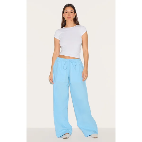 Light Blue Cotton Linen Blend Drawstring Waist Pants